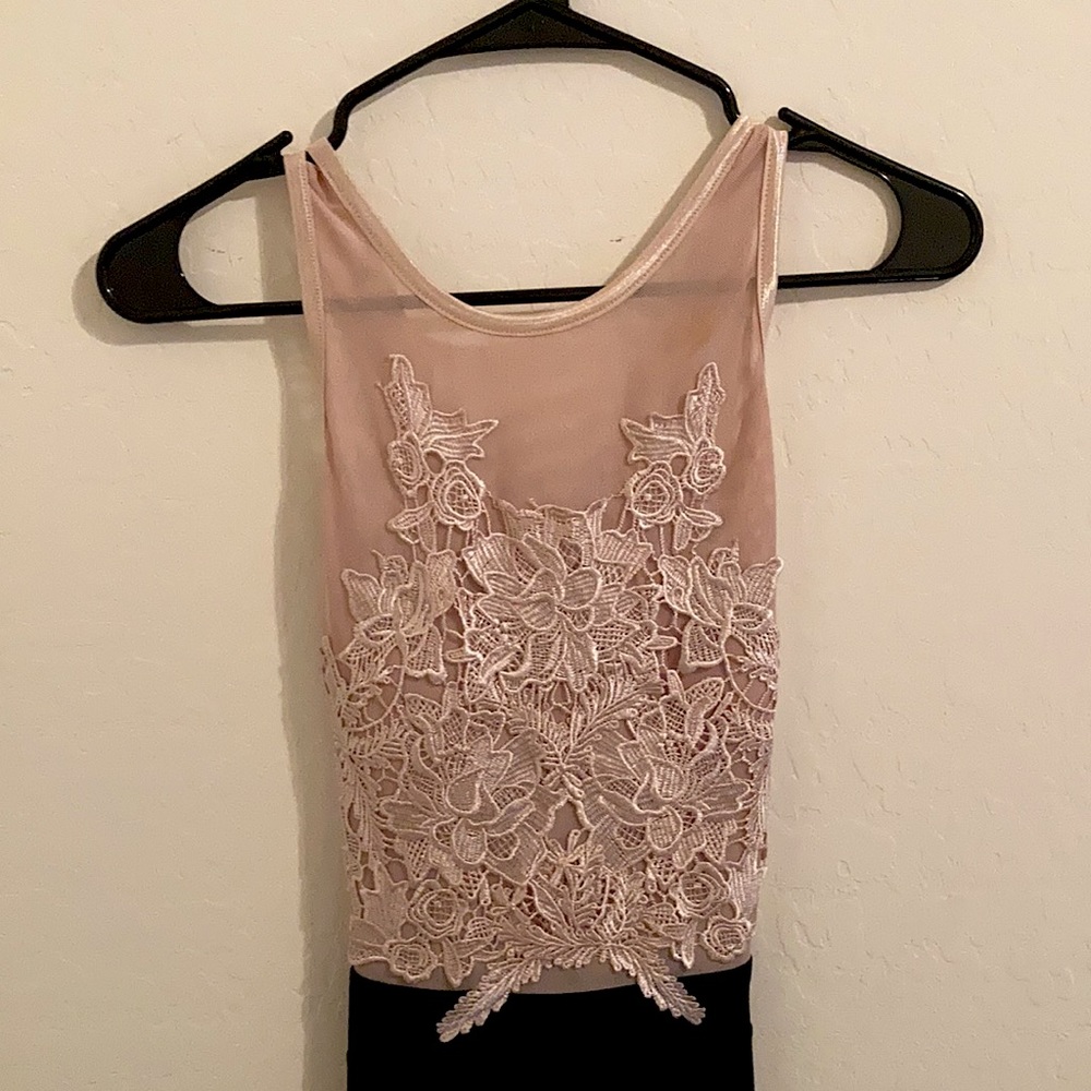 Jumpsuit | Nude Sheer Lace Design Top | Black Pant